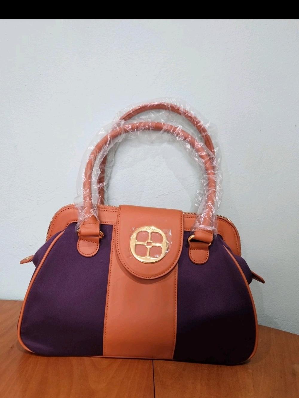 IMAN Global Chic Satchel Handbag Classic Purple & Tan Gold Logo NEW
